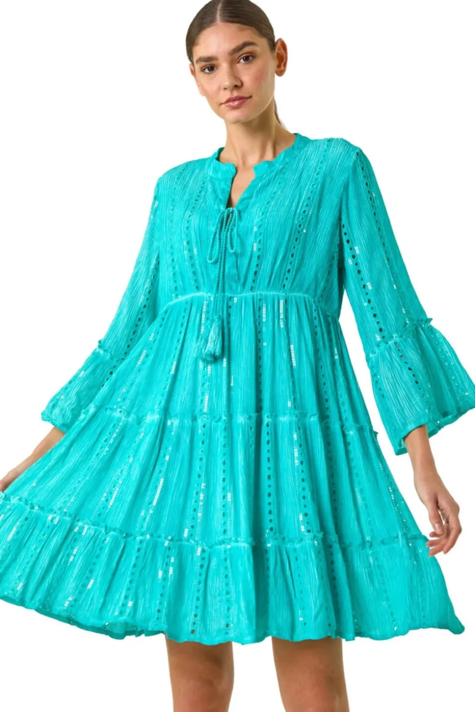 Roman Turquoise Shimmer Tie Detail Smock Dress