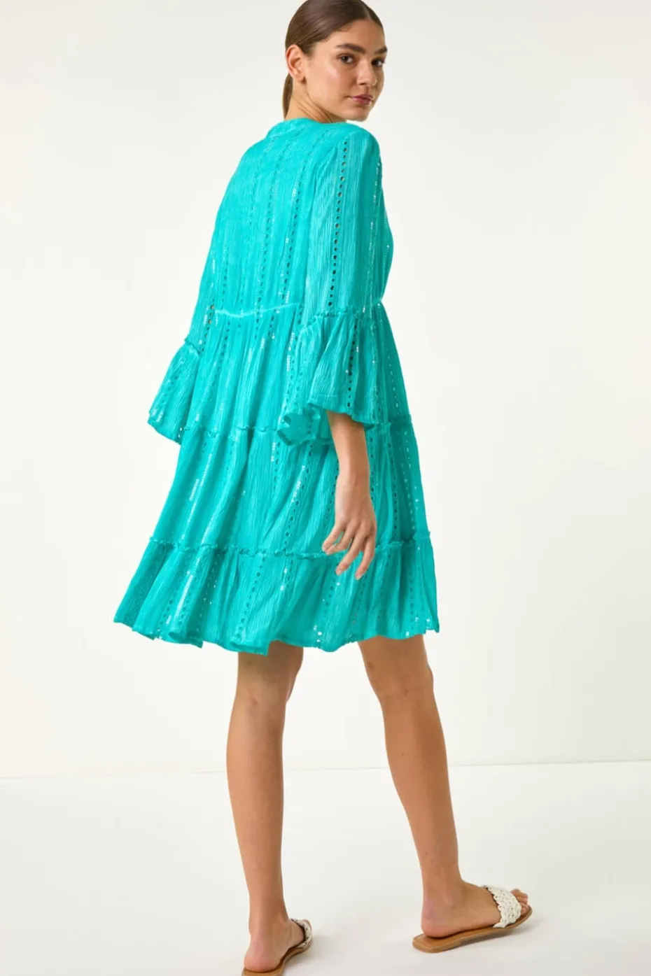 Roman Turquoise Shimmer Tie Detail Smock Dress