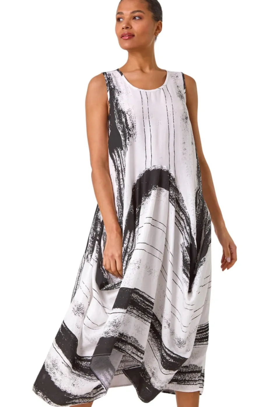 Roman White Abstract Print Bubble Midi Dress