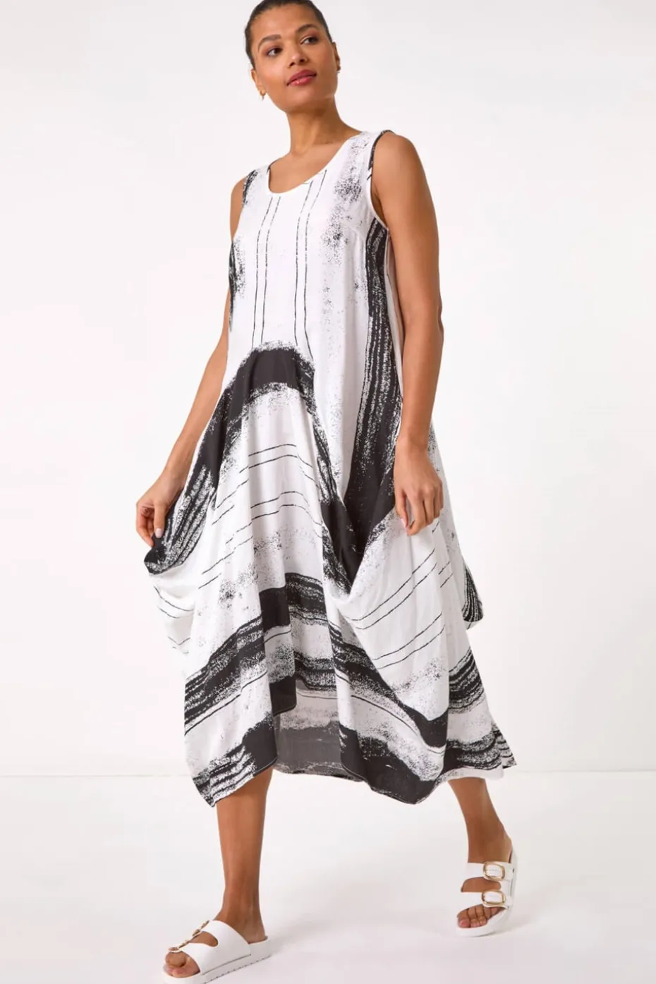 Roman White Abstract Print Bubble Midi Dress