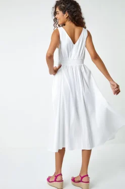 Roman White Button Detail Cotton Midi Dress