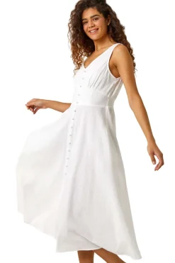 Roman White Button Detail Cotton Midi Dress