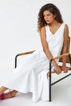 Roman White Button Detail Cotton Midi Dress