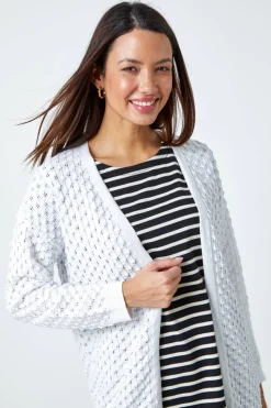 Roman White Cotton Blend Waffle Knit Cardigan