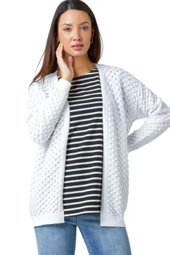 Roman White Cotton Blend Waffle Knit Cardigan