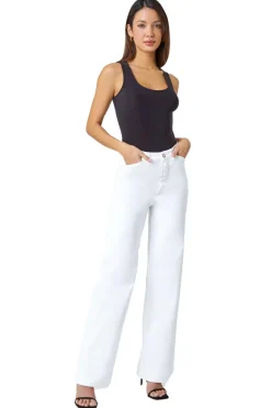 Roman White Cotton Blend Wide Leg Stretch Jeans