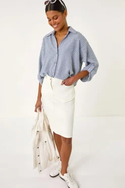 Roman White Cotton Denim Stretch A line Skirt