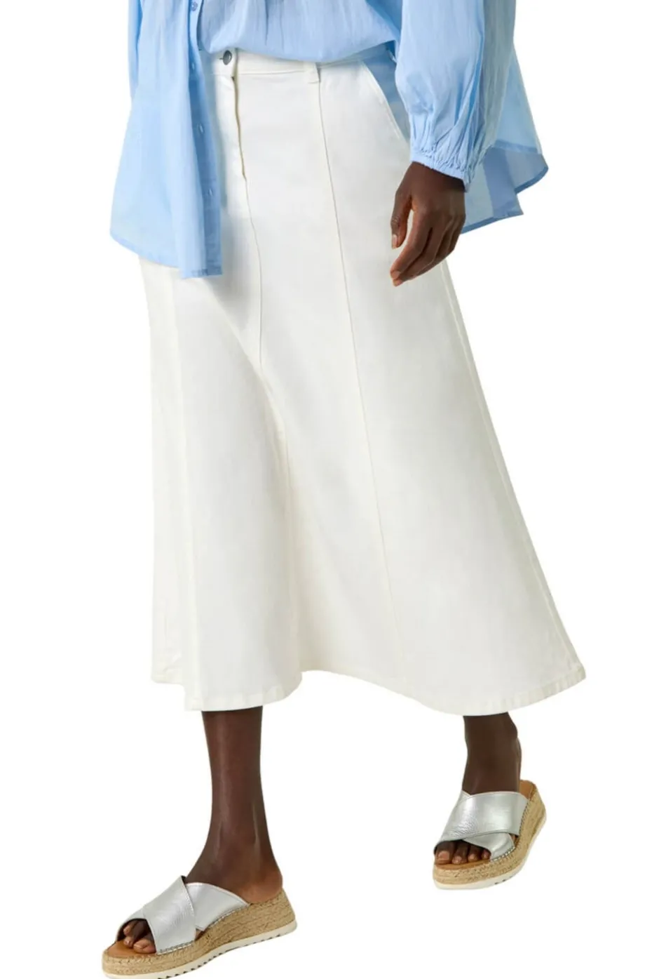 Roman White Cotton Denim Panelled Midi Skirt