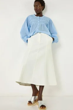 Roman White Cotton Denim Panelled Midi Skirt