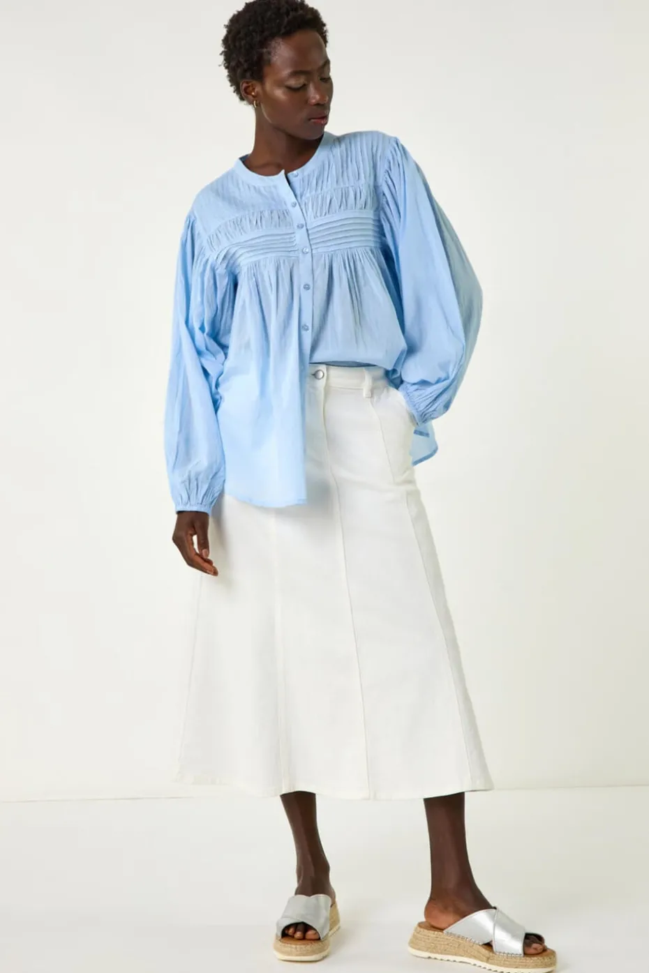 Roman White Cotton Denim Panelled Midi Skirt