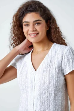 Roman White Cotton Embroidered Crinkle Blouse