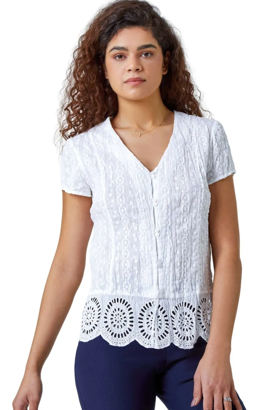 Roman White Cotton Embroidered Crinkle Blouse