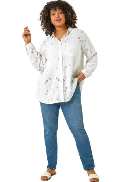 Roman White Curve Broderie Collared Shirt