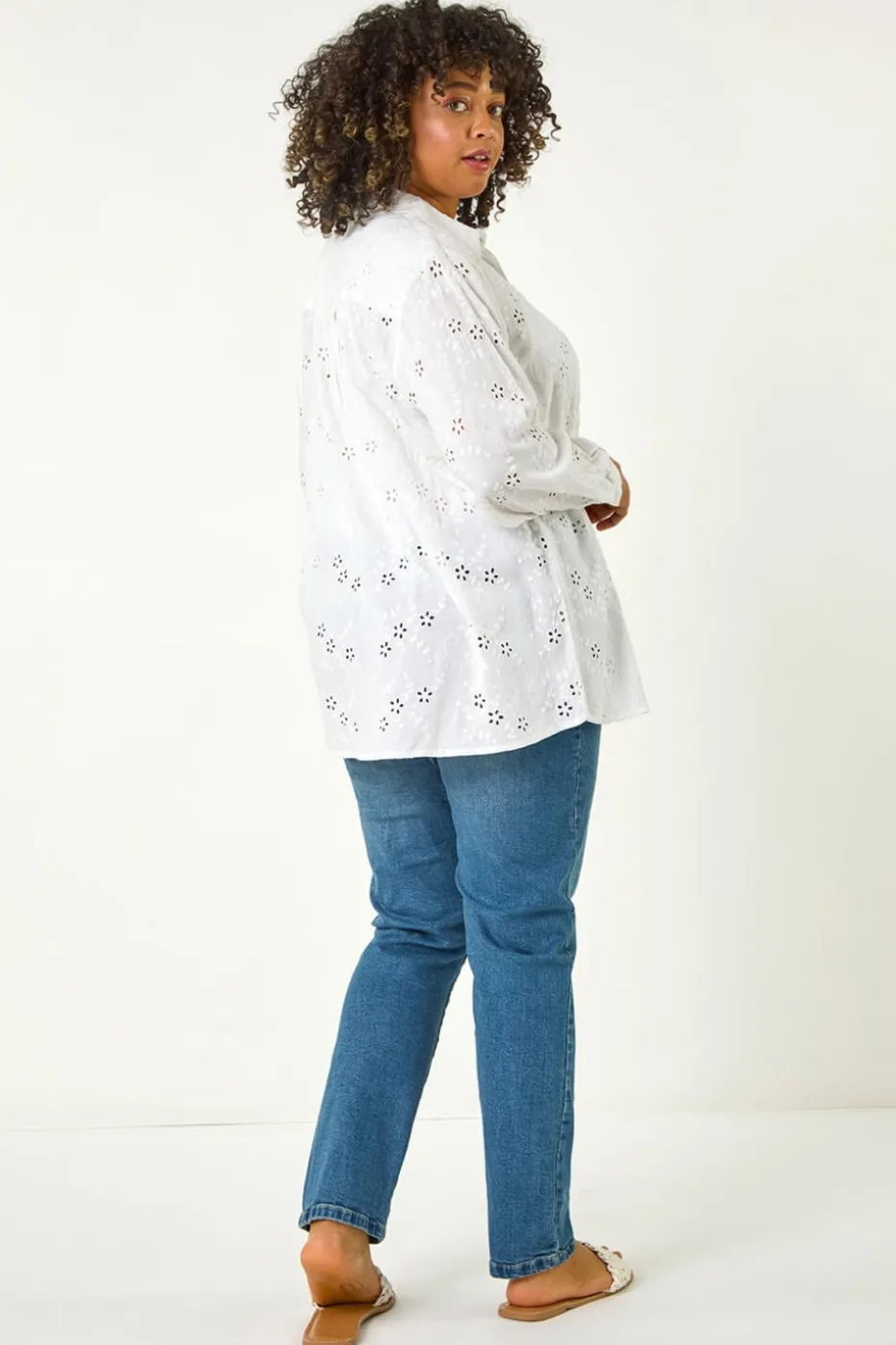 Roman White Curve Broderie Collared Shirt