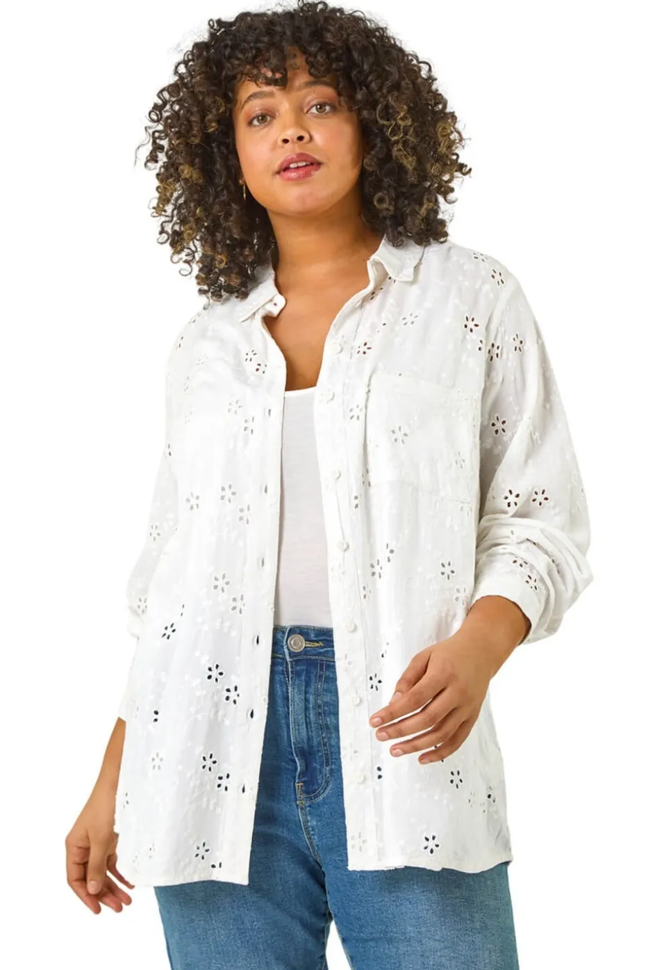 Roman White Curve Broderie Collared Shirt