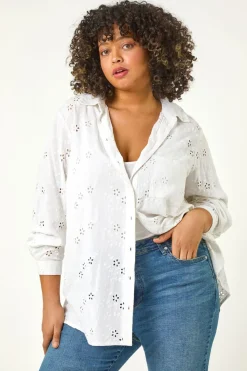 Roman White Curve Broderie Collared Shirt
