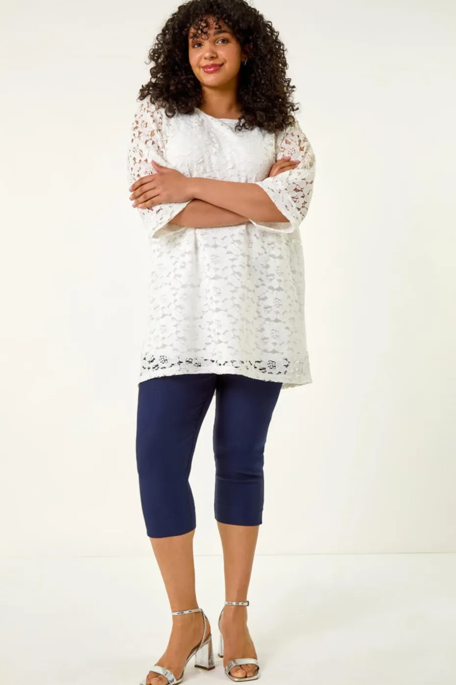 Roman White Curve Lace Front Stretch Top