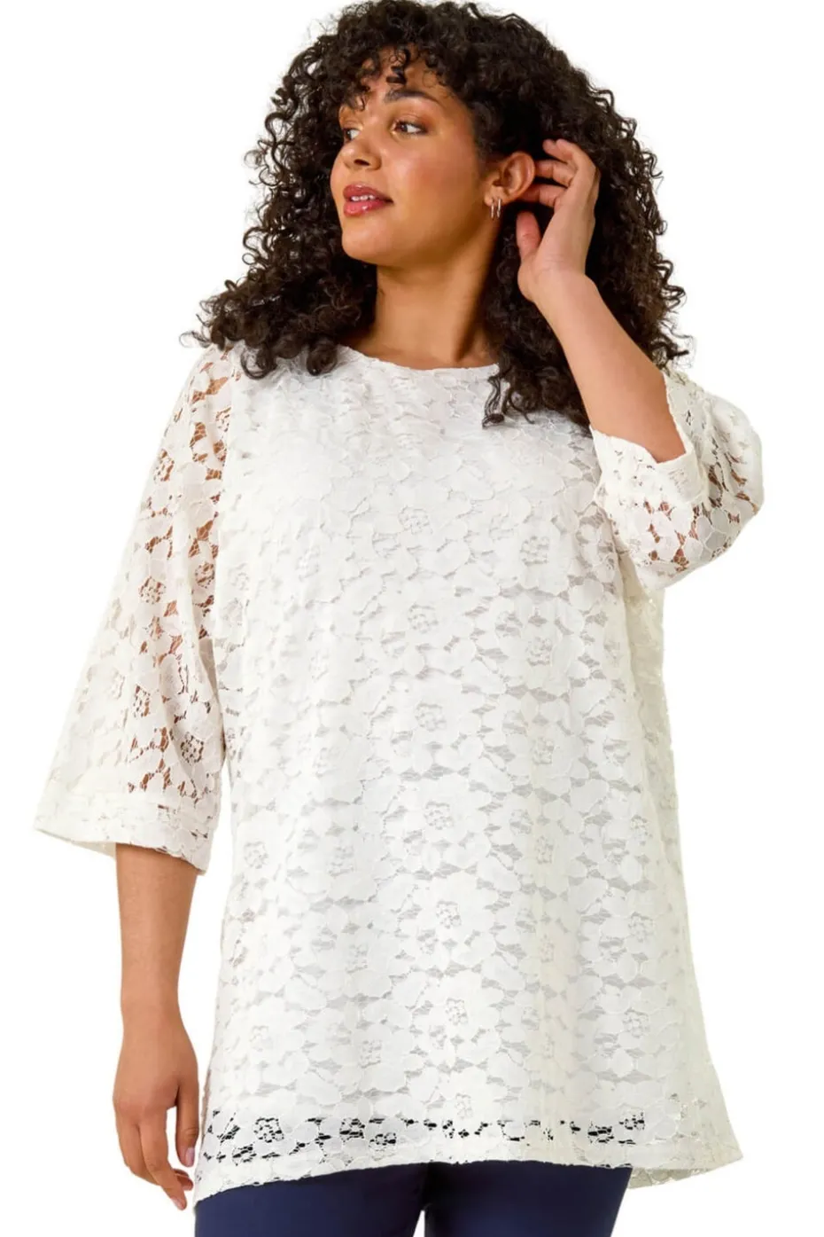 Roman White Curve Lace Front Stretch Top