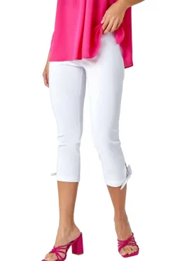 Roman White Elastic Waist Tie Hem Cropped Trousers