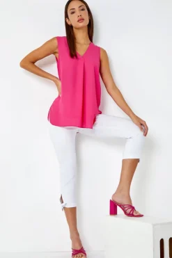 Roman White Elastic Waist Tie Hem Cropped Trousers