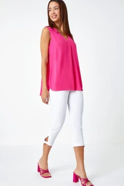 Roman White Elastic Waist Tie Hem Cropped Trousers