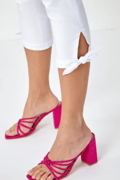 Roman White Elastic Waist Tie Hem Cropped Trousers