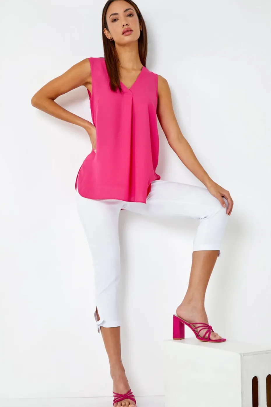 Roman White Elastic Waist Tie Hem Cropped Trousers