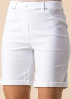 Roman White Elastic Waist Turn Up Stretch Shorts