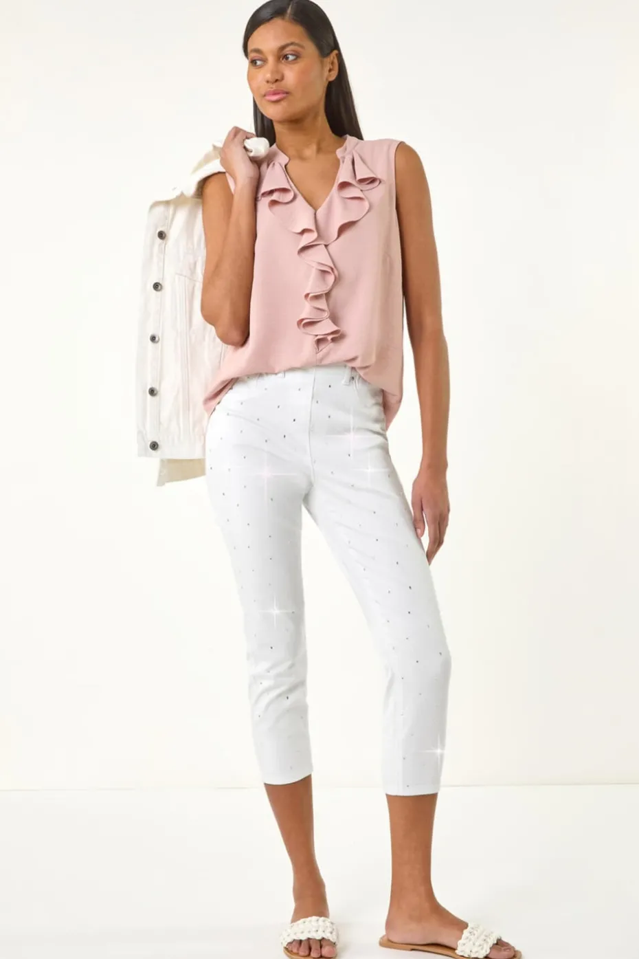 Roman White Embellished Cropped Stretch Jeggings