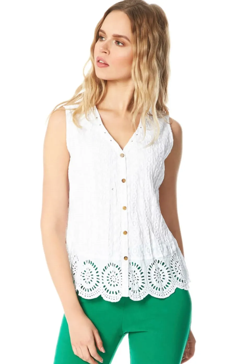Roman White Eyelet Detail Embroidered Crinkle Blouse