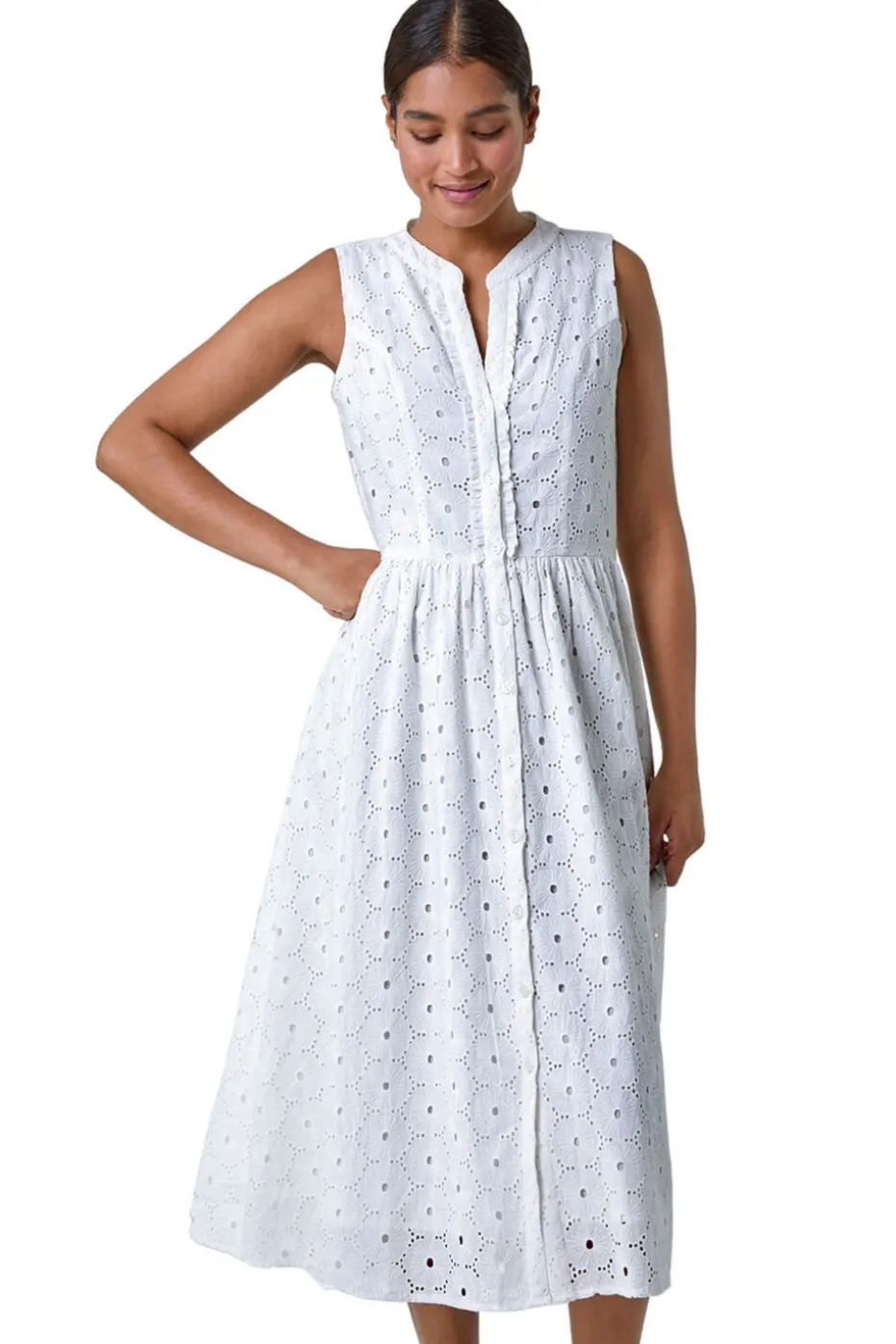 Roman White Floral Cotton Broderie Midi Dress