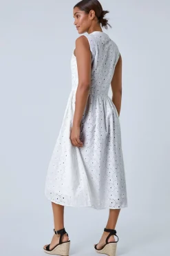 Roman White Floral Cotton Broderie Midi Dress