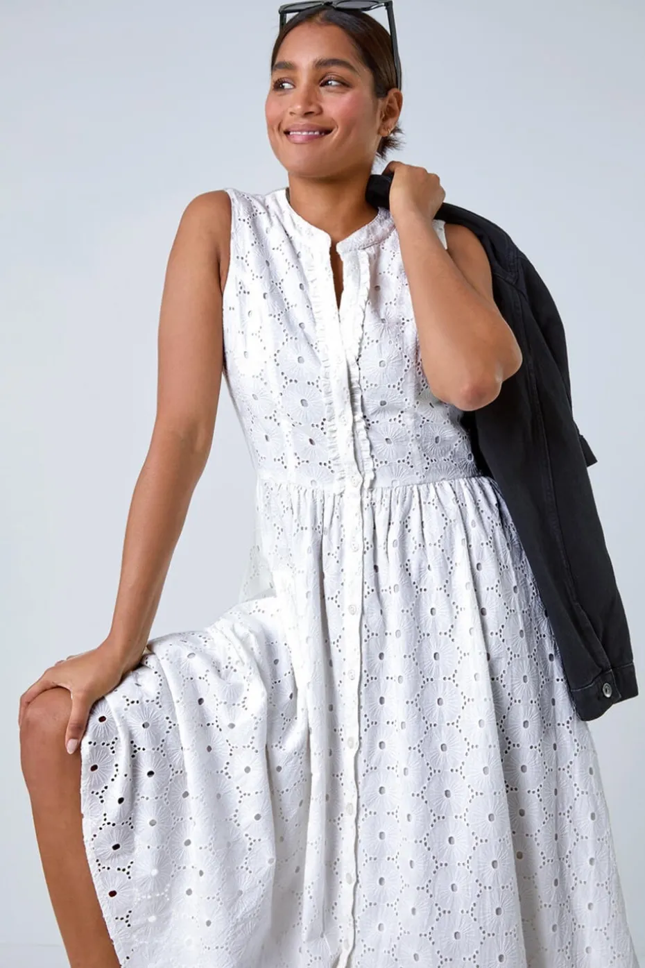 Roman White Floral Cotton Broderie Midi Dress