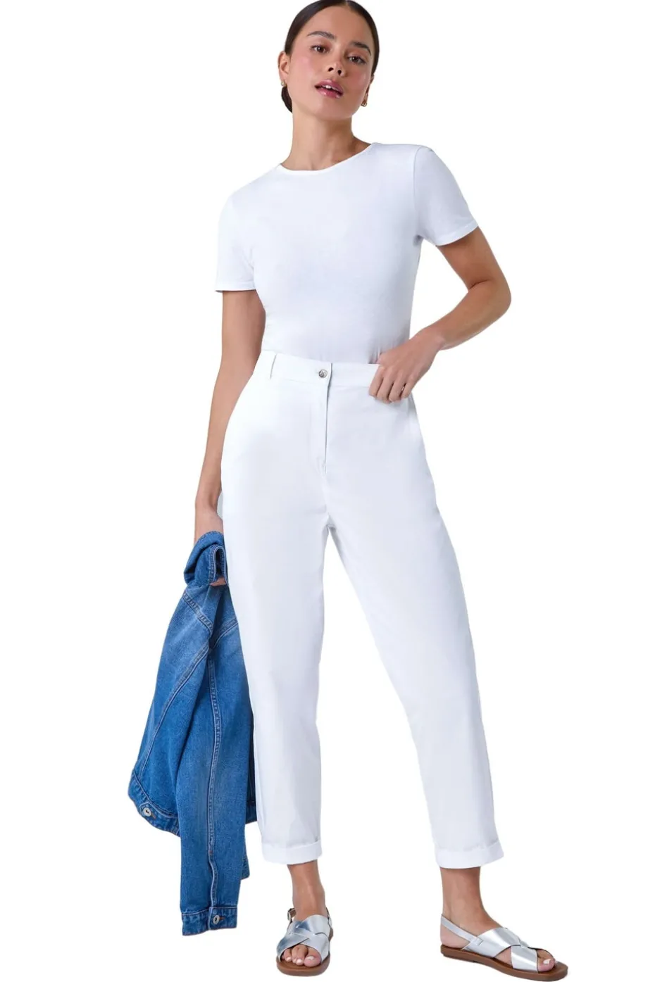 Roman White Petite Cotton Blend Stretch Chino Trousers