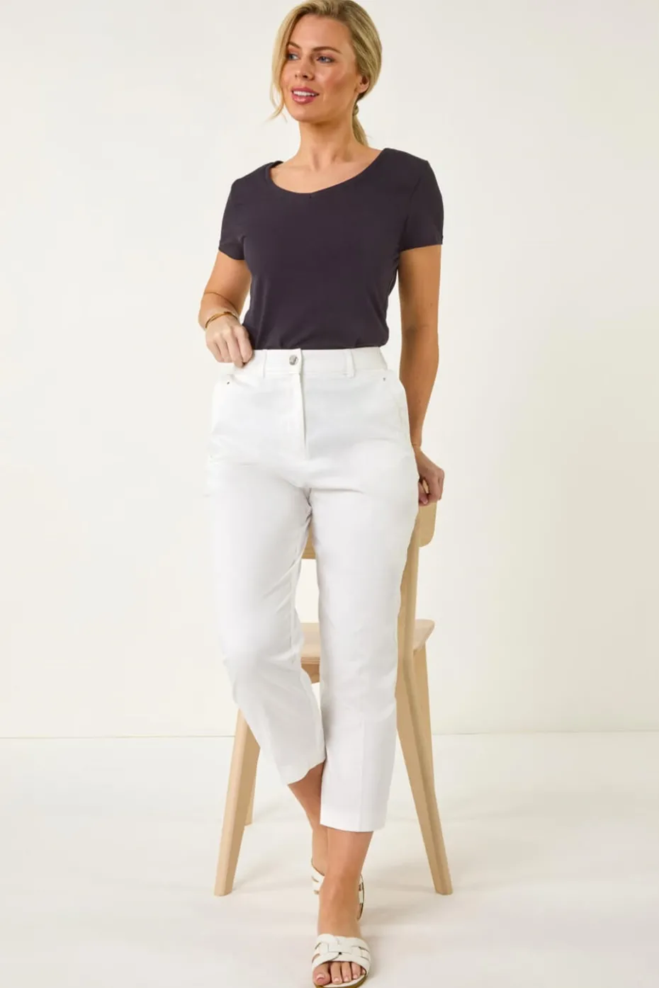Roman White Petite Cotton Ankle Grazer Tapered Trousers