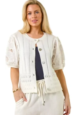 Roman White Petite Embroidered Sleeve Knit Cardigan