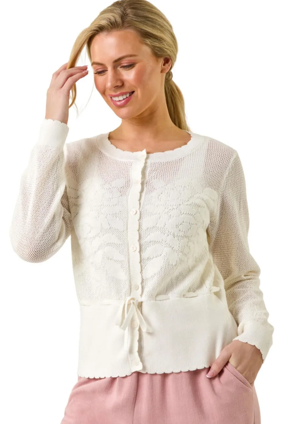 Roman White Petite Floral Button Up Cardigan