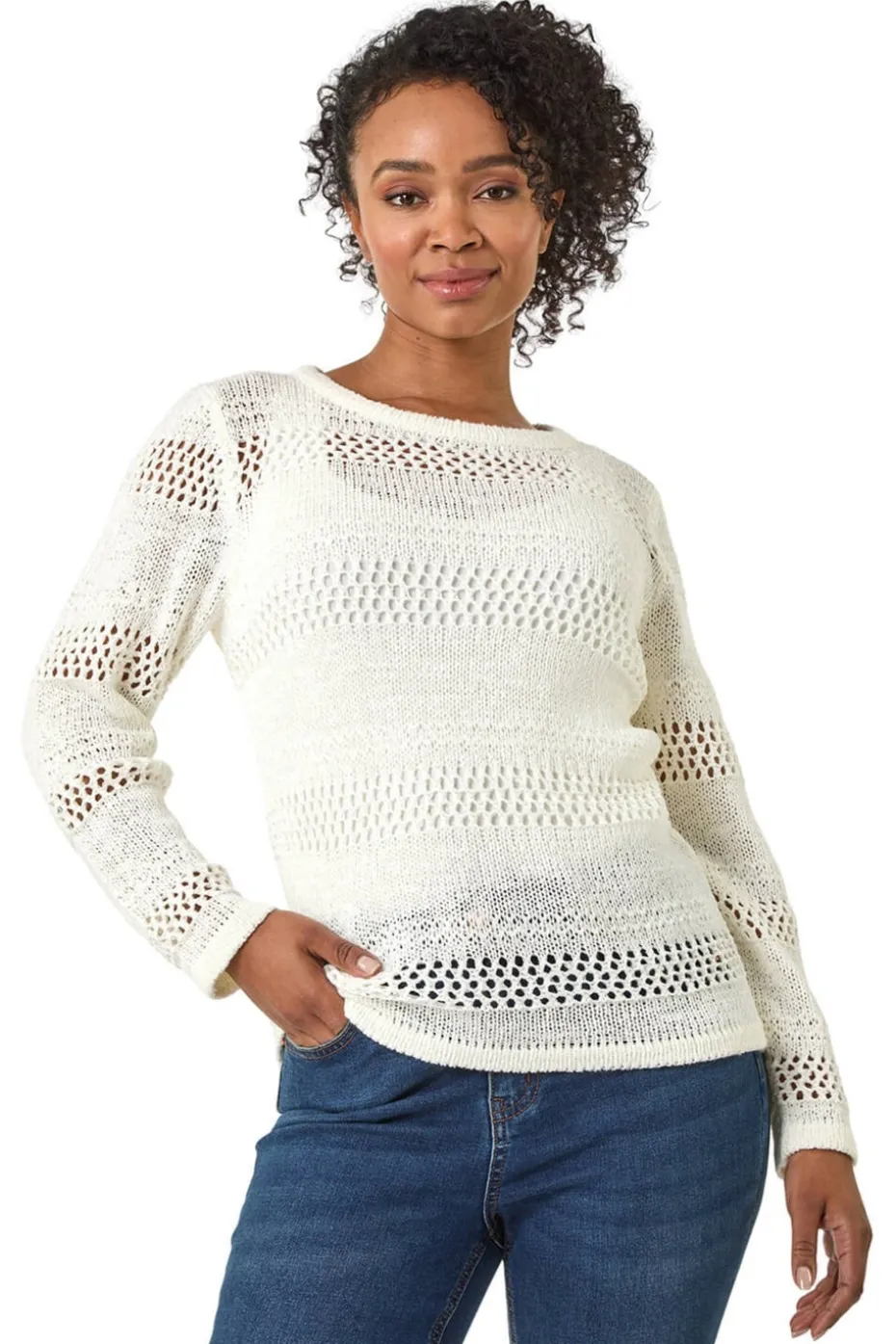 Roman White Petite Open Knit Jumper