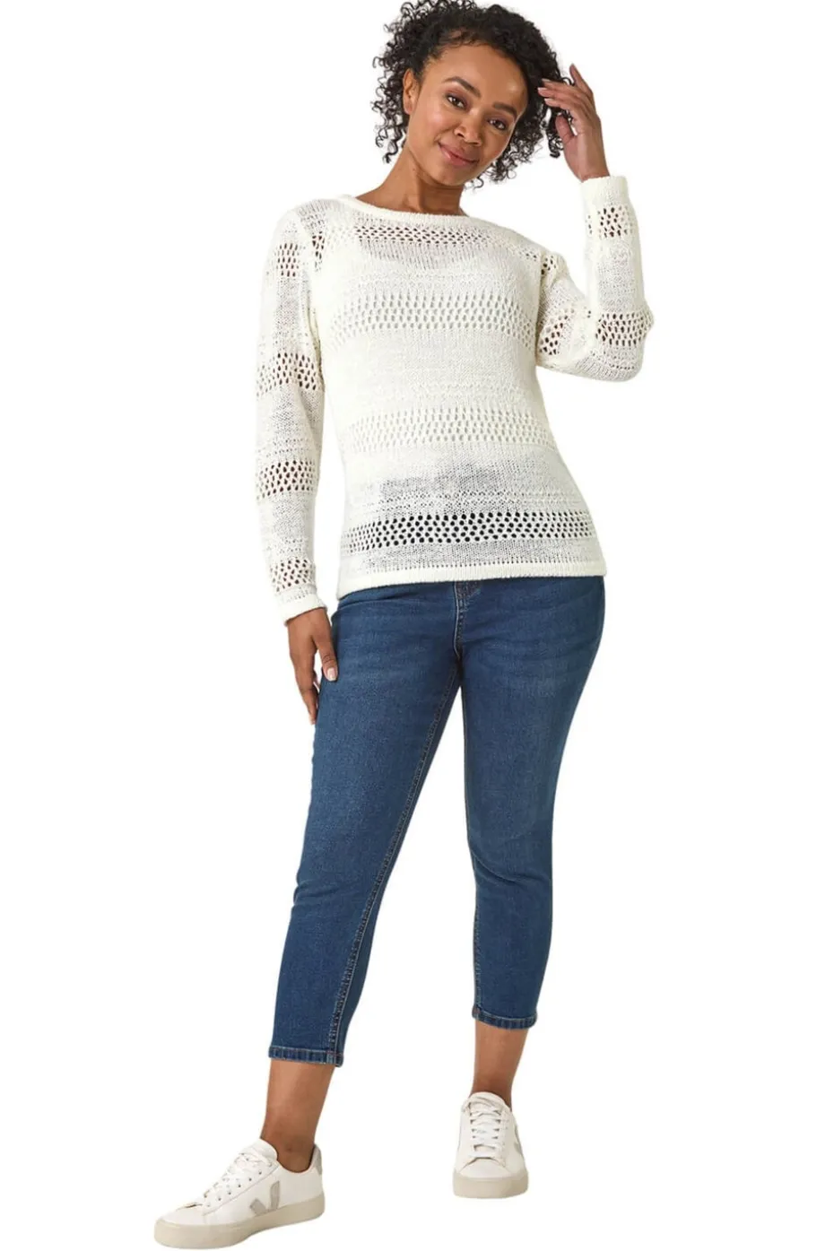 Roman White Petite Open Knit Jumper