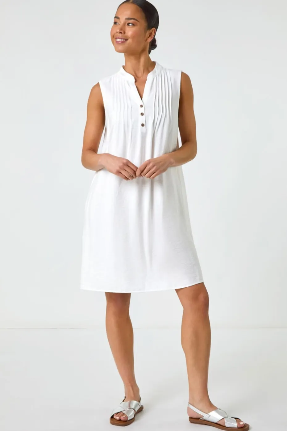 Roman White Petite Pintuck Pocket Dress