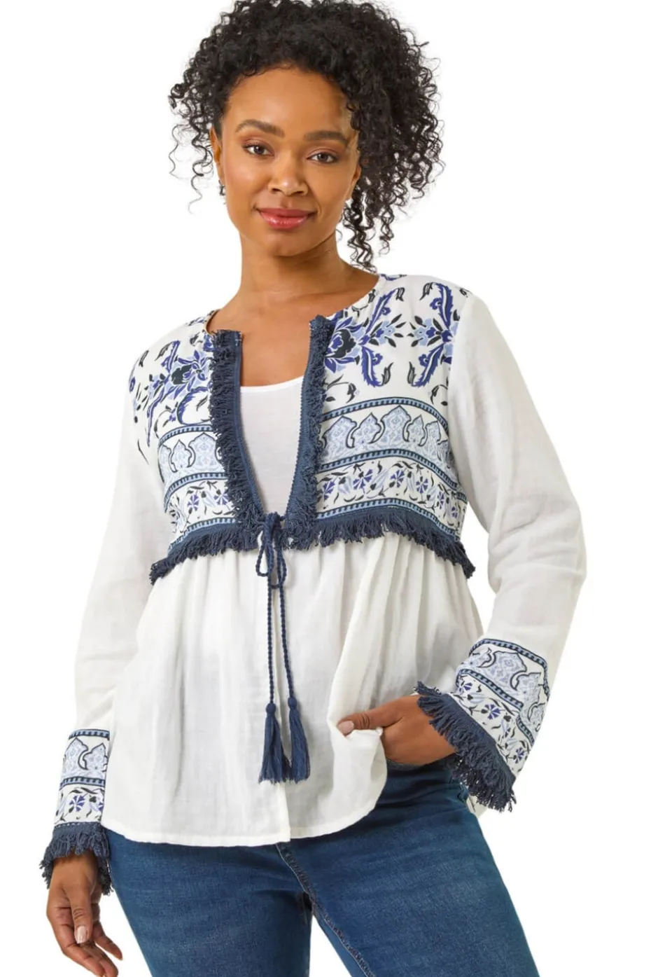 Roman White Petite Tassel Detail Jacket