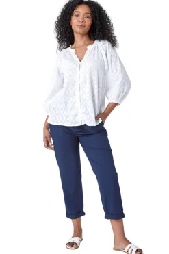 Roman White Petite Textured V Neck Cotton Blouse