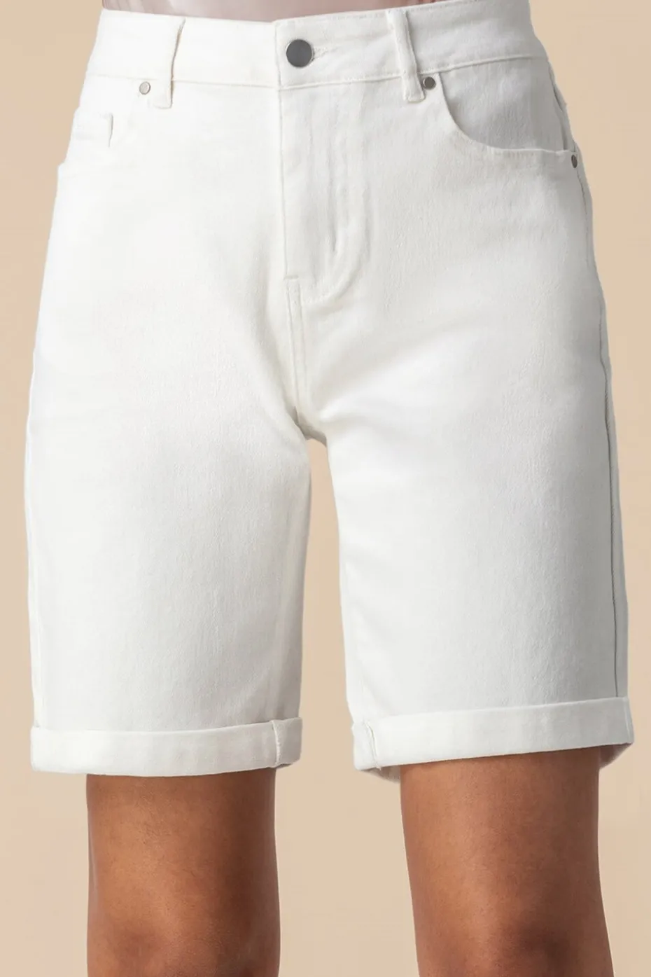 Roman White Turned Hem Denim Stretch Shorts