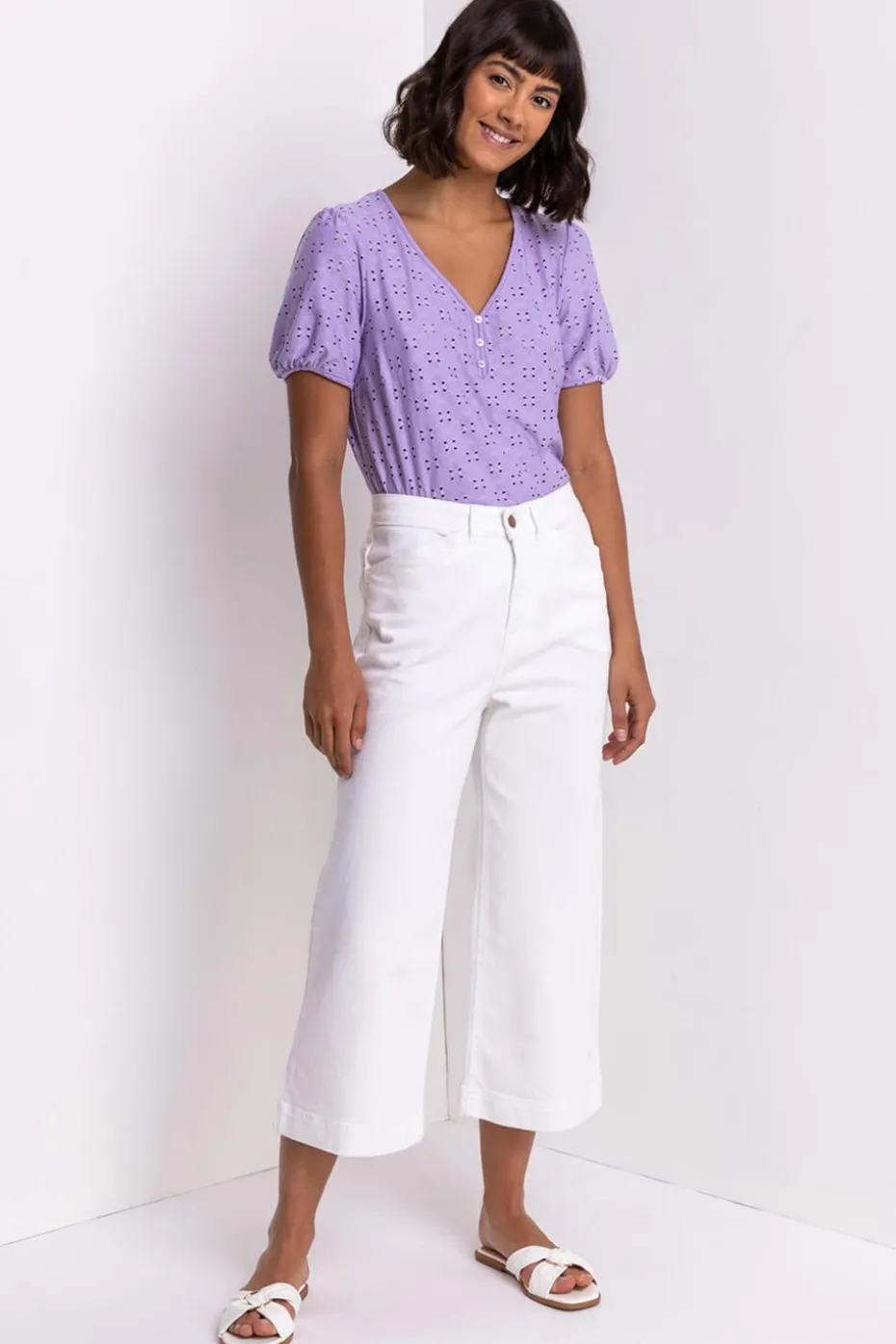 Roman White Wide Leg Stretch Denim Cropped Culottes