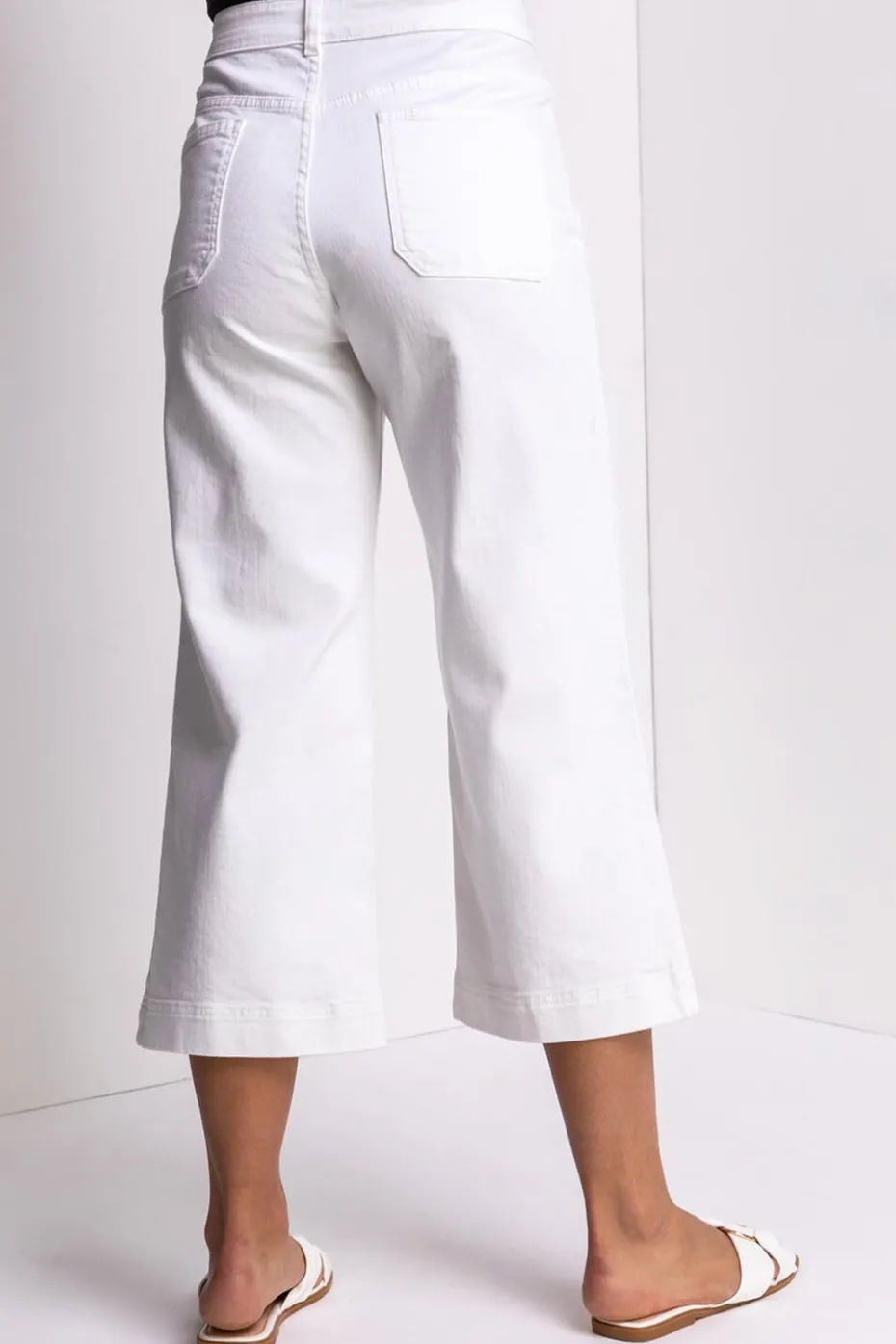 Roman White Wide Leg Stretch Denim Cropped Culottes