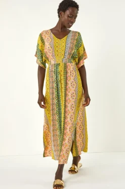 Roman Yellow Boho Stripe V Neck Maxi Dress