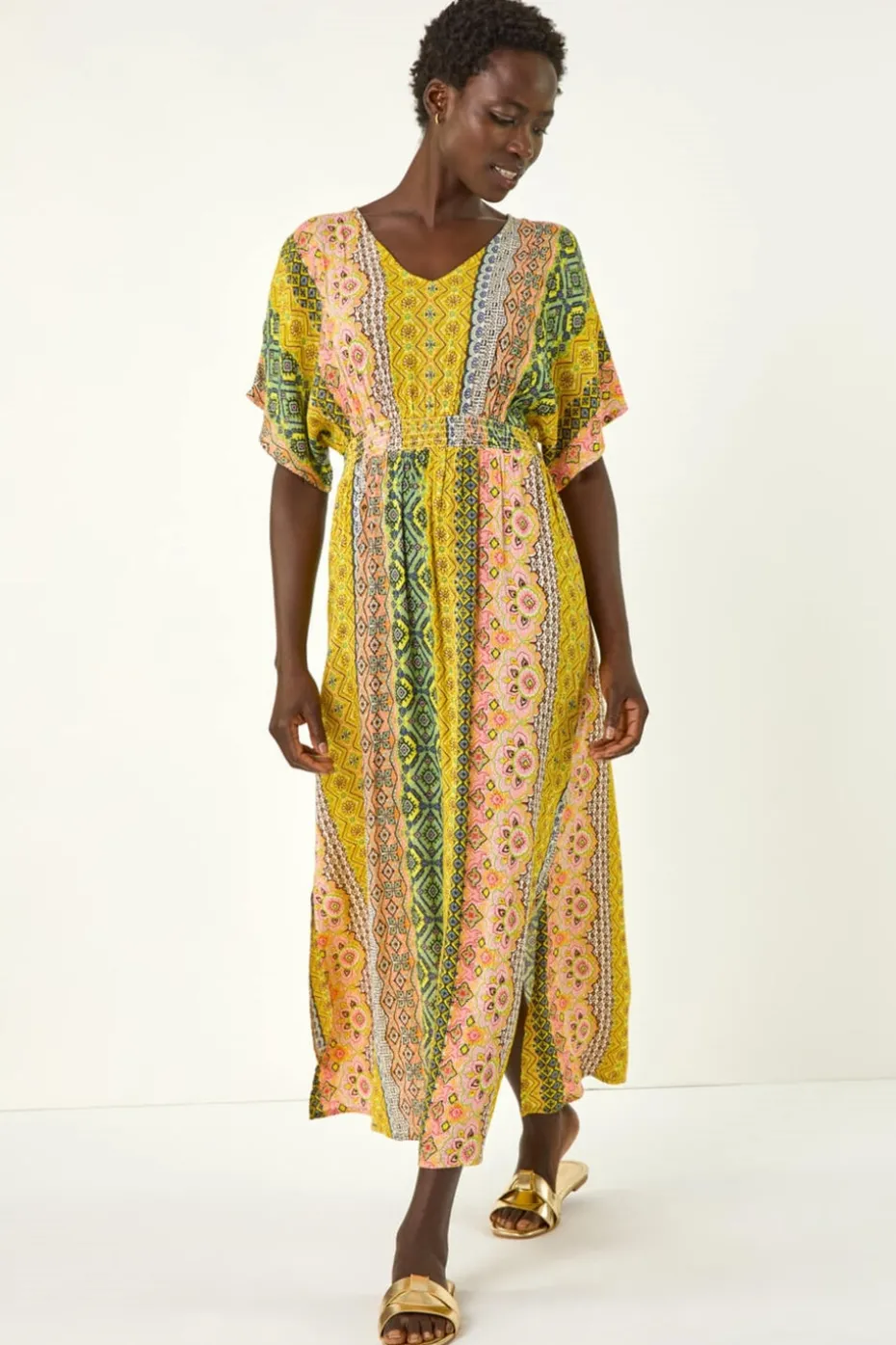 Roman Yellow Boho Stripe V Neck Maxi Dress