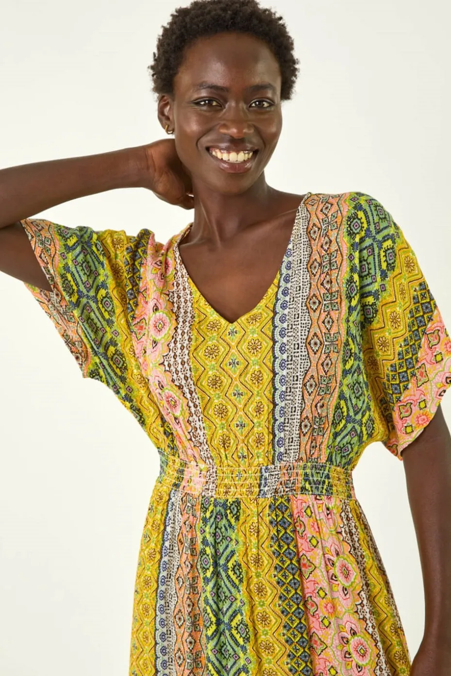 Roman Yellow Boho Stripe V Neck Maxi Dress