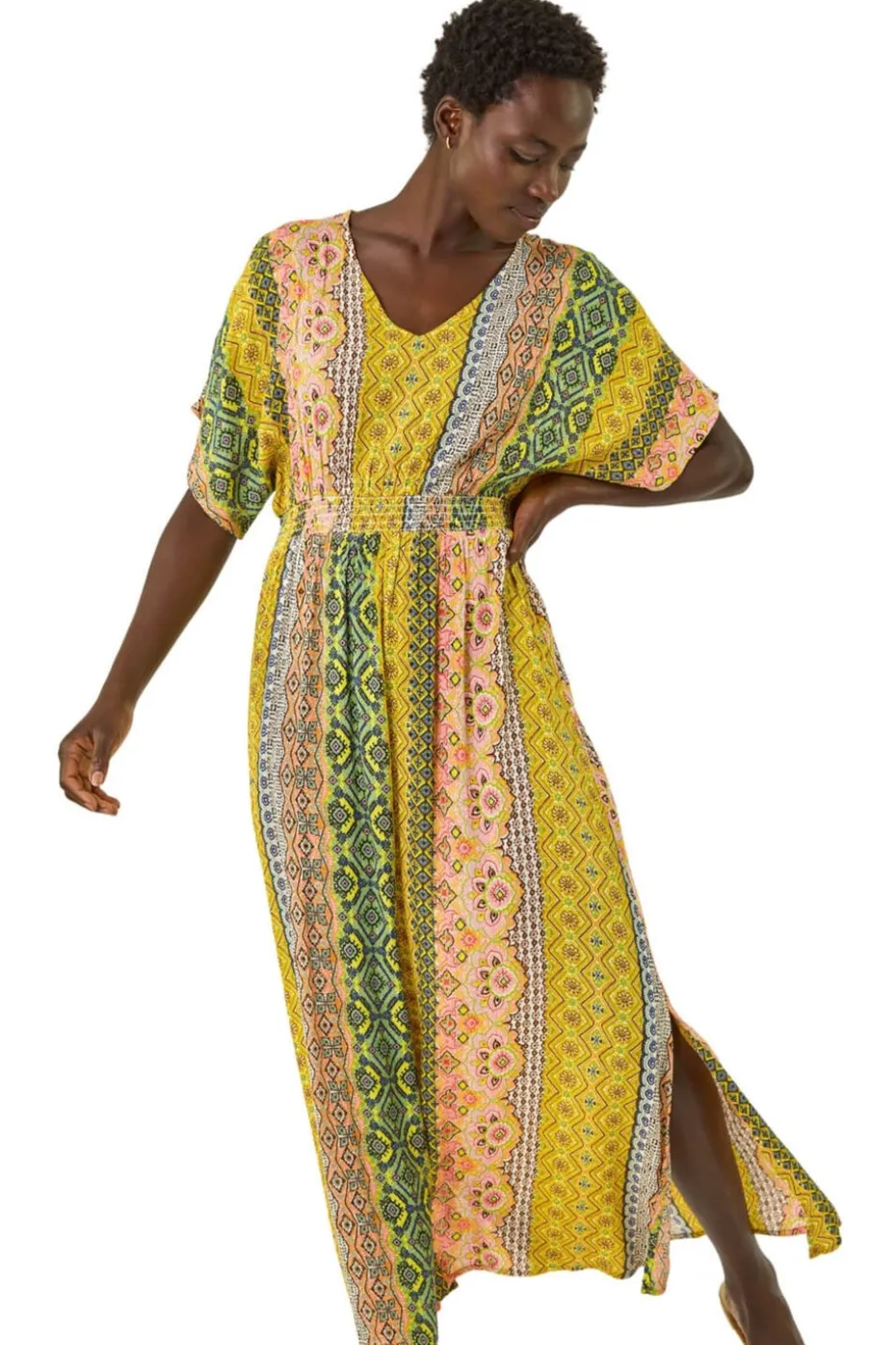 Roman Yellow Boho Stripe V Neck Maxi Dress