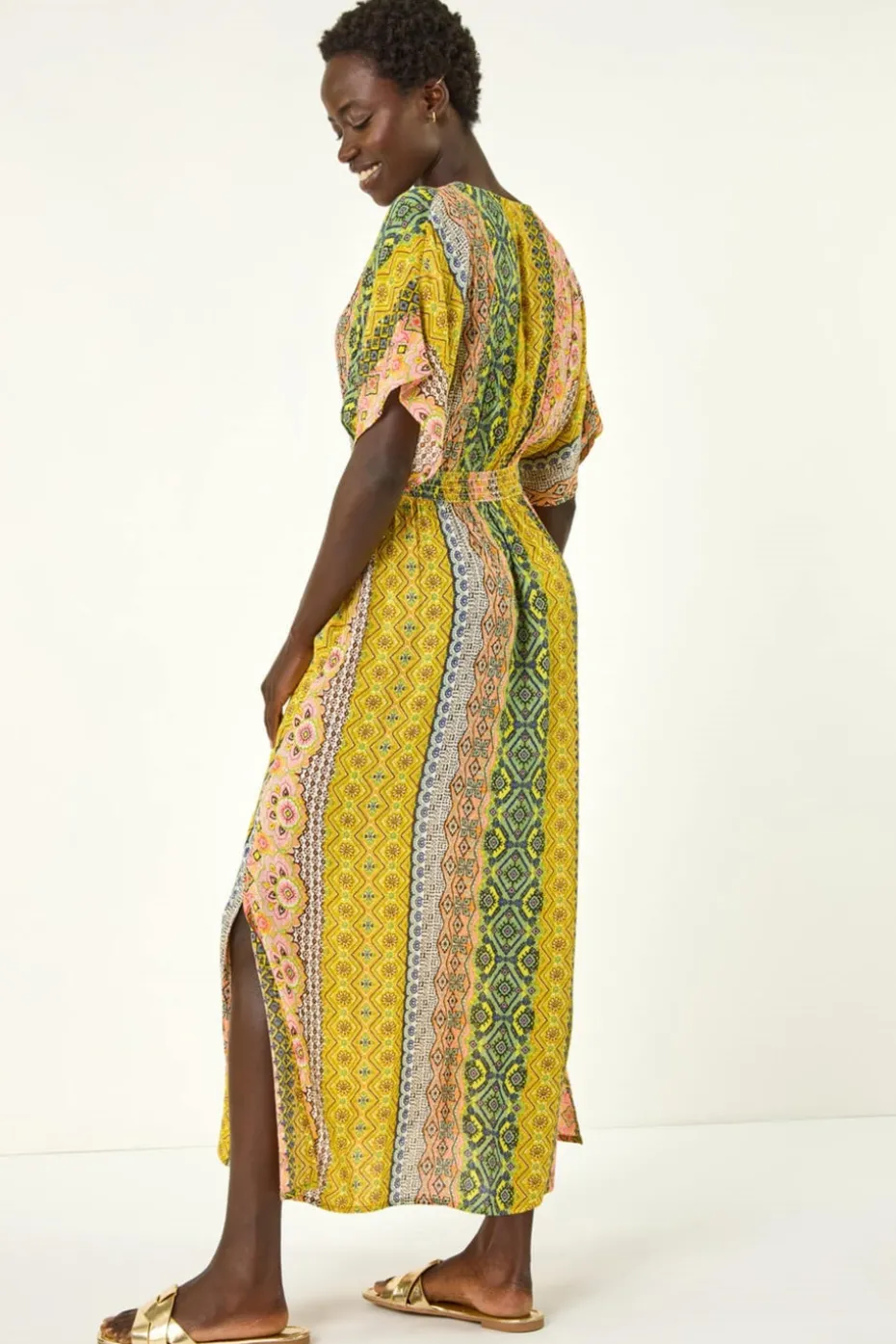 Roman Yellow Boho Stripe V Neck Maxi Dress